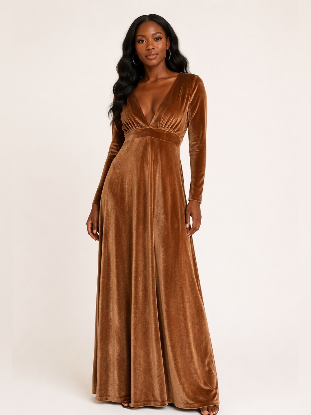 Gold Velvet Stretch Maxi Dress Empire Waist Long Sleeve S 4 6 Made in USA Glam